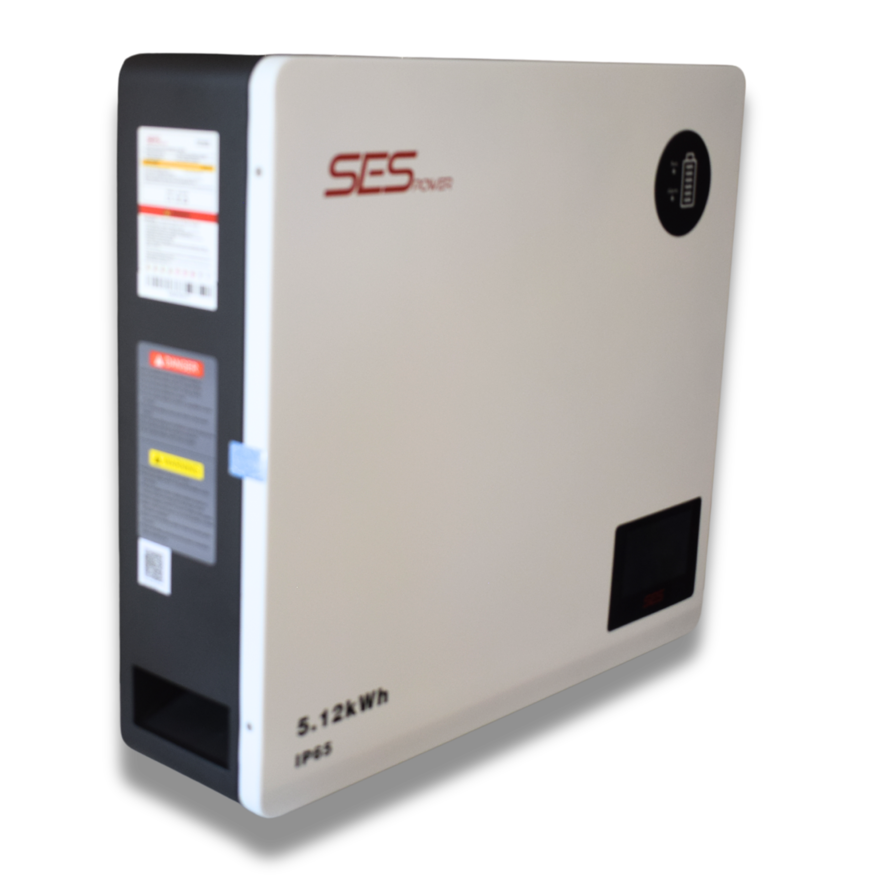 Angled side view of SES Power Wall 51.2V 102Ah IP65 Lithium Battery showing safety labels