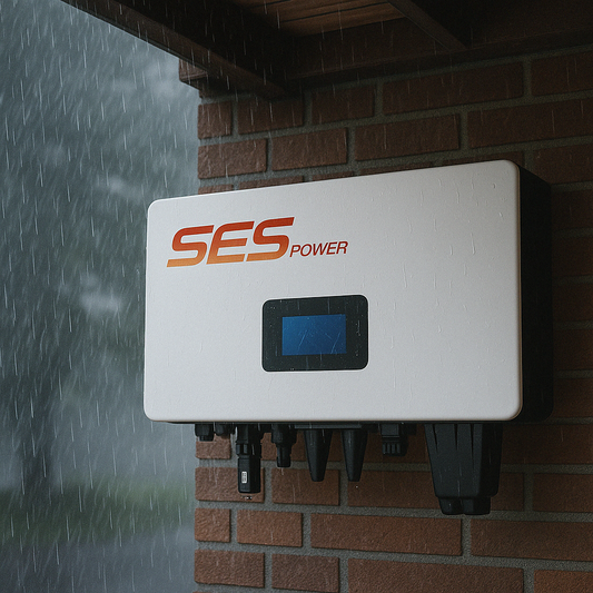 SES Power 10kW hybrid inverter mounted on brick wall in rain, showcasing weatherproof durability