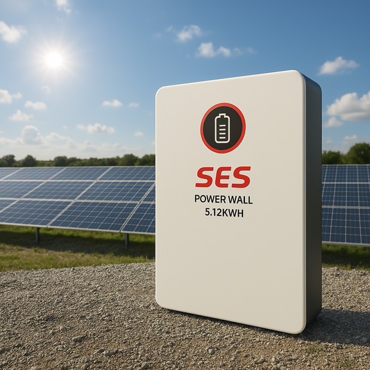 SES Power Wall 51.2V 102Ah 5.12kWh lithium battery installed outdoors with solar panels