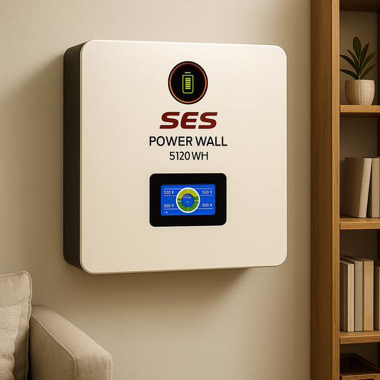 SES Power Wall 5120WH indoor lithium battery with LCD display mounted on wall