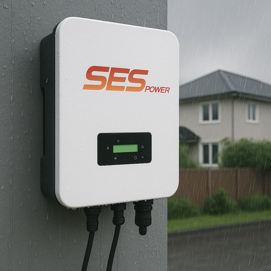 SES Power 6kW hybrid inverter mounted outdoors with IP65 weatherproof protection in rainy conditions