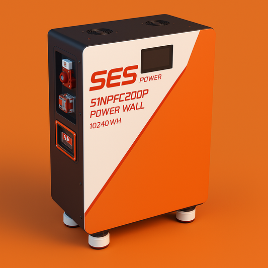 Stylized SES Power Wall 51.2V 200Ah 10240Wh Lithium Battery – Modern home energy storage with IP20 enclosure